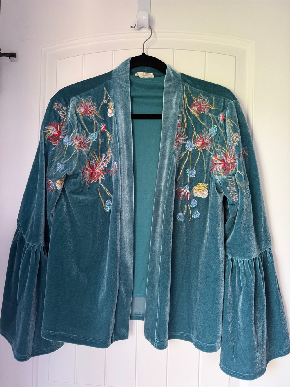 Mystree Teal Velvet Open-Front, Embroidered, Bell Sleeves Kimono